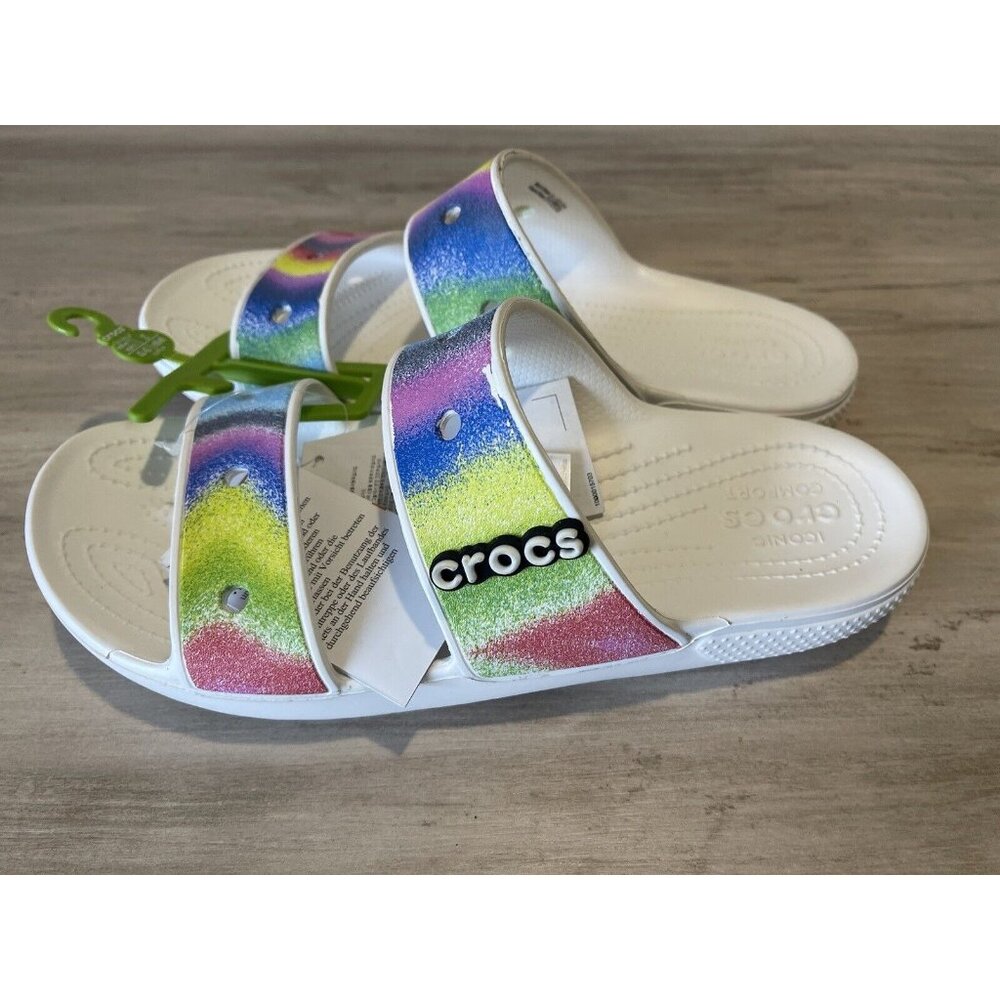 Crocs Classic Sandals Two-Strap Slides White Spray Dye Men’s 9 Womens Size 11